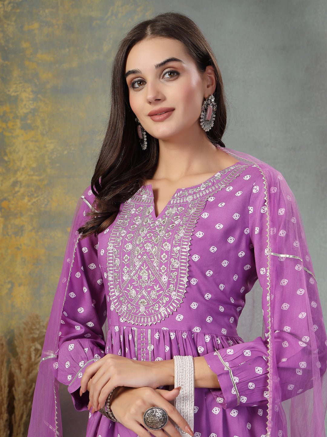 Purple Bandhani Printed &amp; Embroidered Rayon Pleated Kurti with Dhoti Pant &amp; Dupatta Set