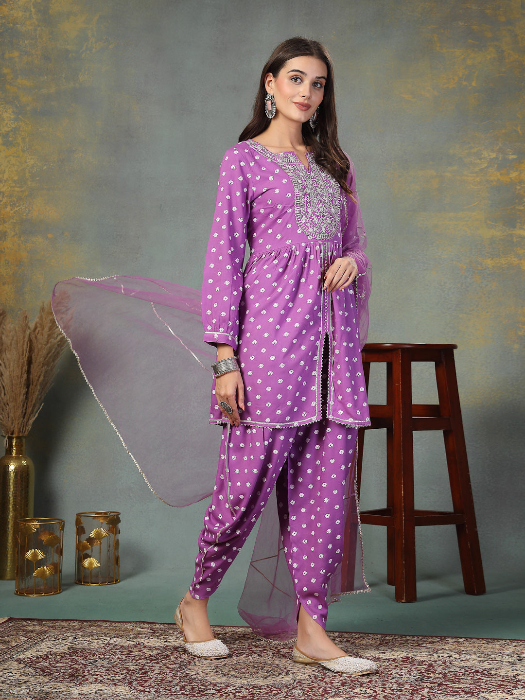 Purple Bandhani Printed & Embroidered Rayon Pleated Kurti with Dhoti Pant & Dupatta Set