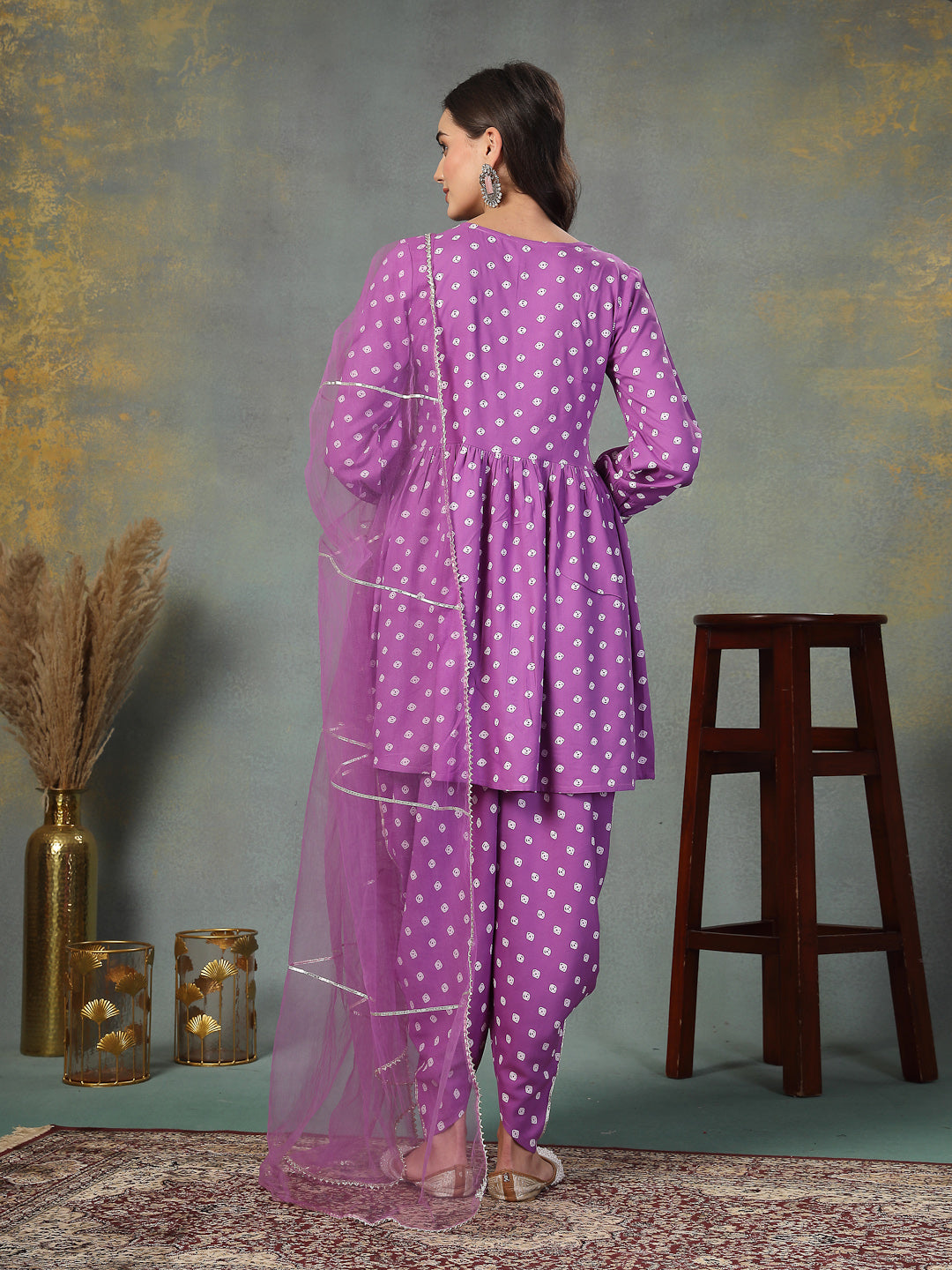 Purple Bandhani Printed &amp; Embroidered Rayon Pleated Kurti with Dhoti Pant &amp; Dupatta Set