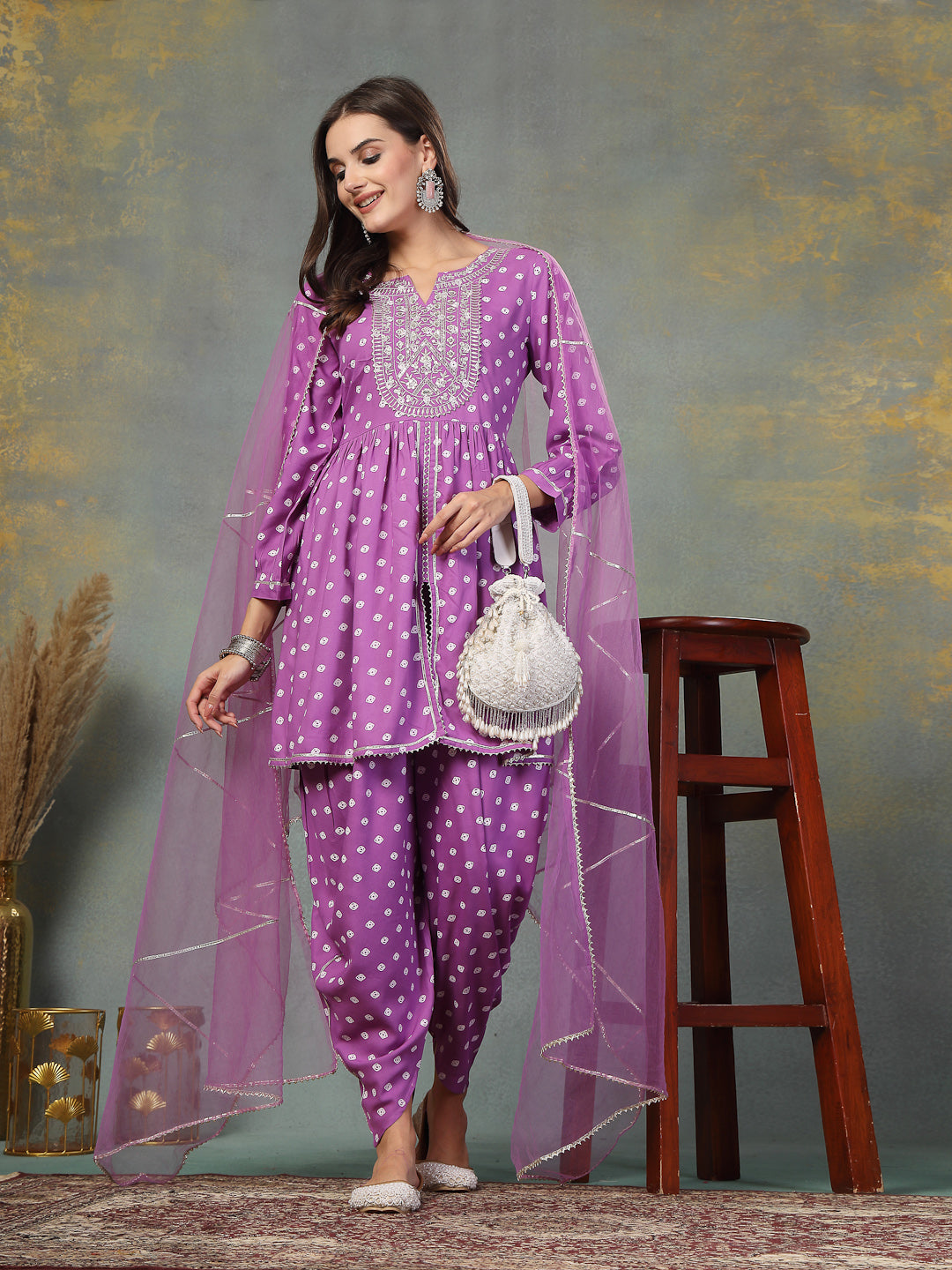 Purple Bandhani Printed &amp; Embroidered Rayon Pleated Kurti with Dhoti Pant &amp; Dupatta Set