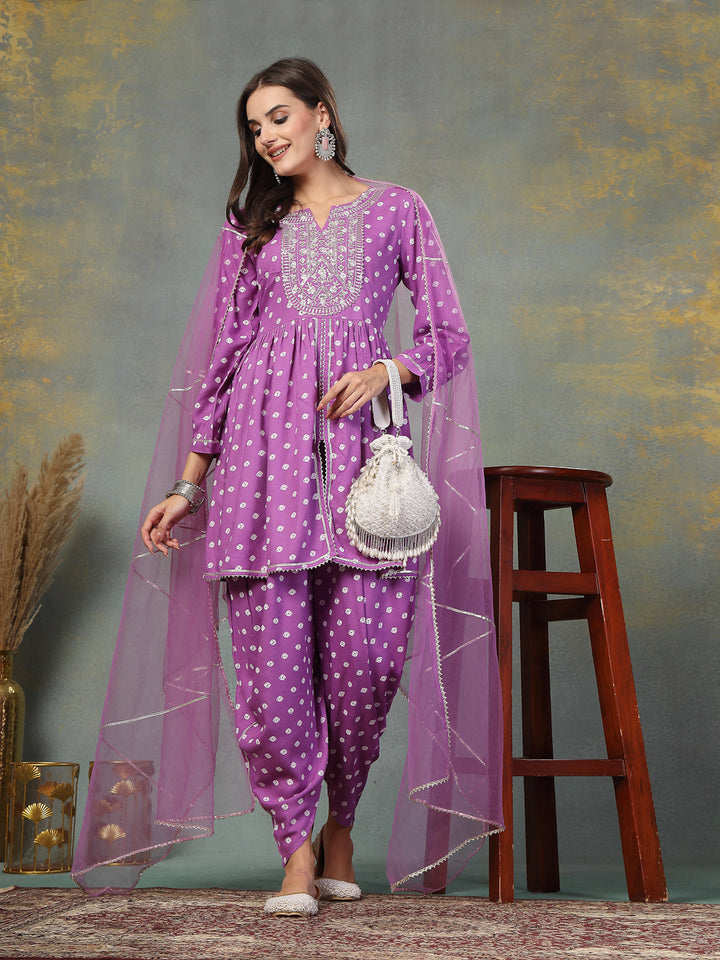 Purple Bandhani Printed &amp; Embroidered Rayon Pleated Kurti with Dhoti Pant &amp; Dupatta Set
