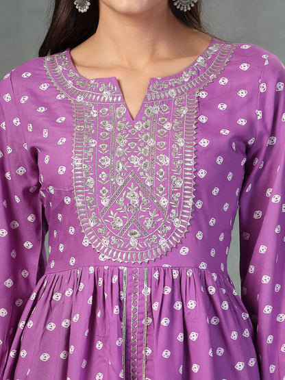 Purple Bandhani Printed & Embroidered Rayon Pleated Kurti with Dhoti Pant & Dupatta Set (Pre-Order)