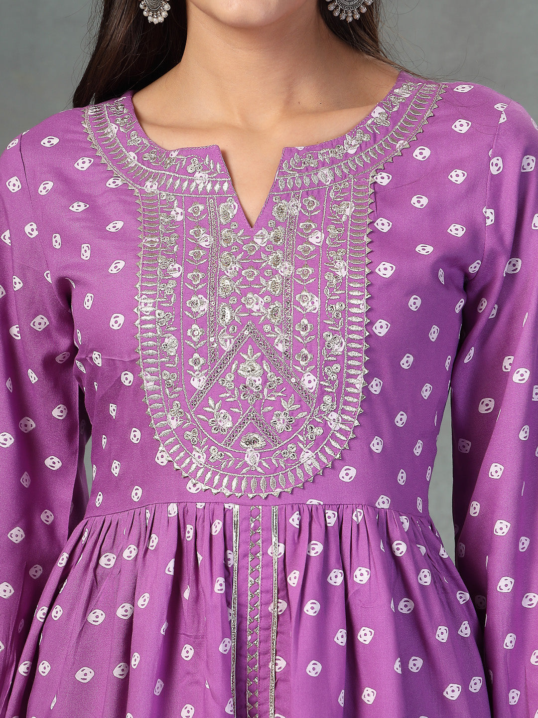 Purple Bandhani Printed &amp; Embroidered Rayon Pleated Kurti with Dhoti Pant &amp; Dupatta Set