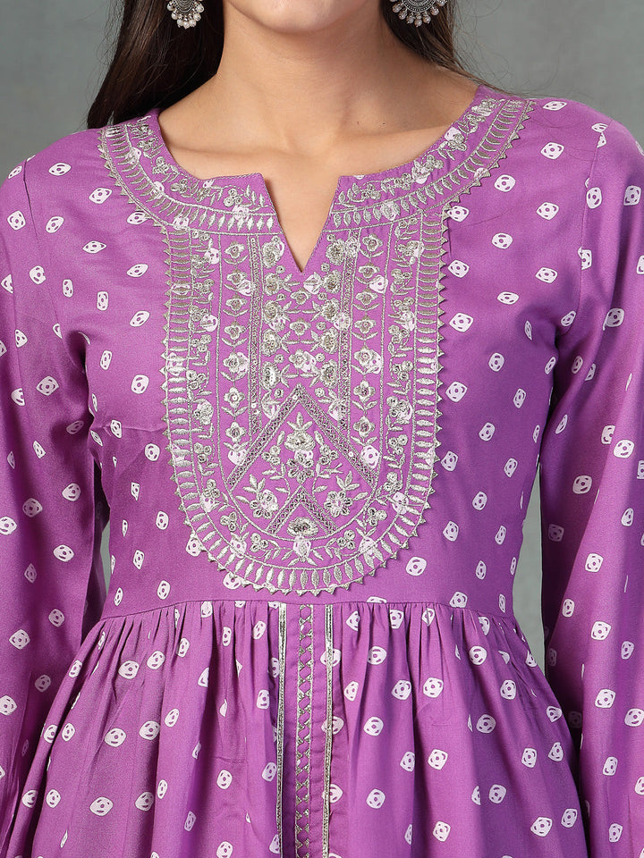 Purple Bandhani Printed &amp; Embroidered Rayon Pleated Kurti with Dhoti Pant &amp; Dupatta Set
