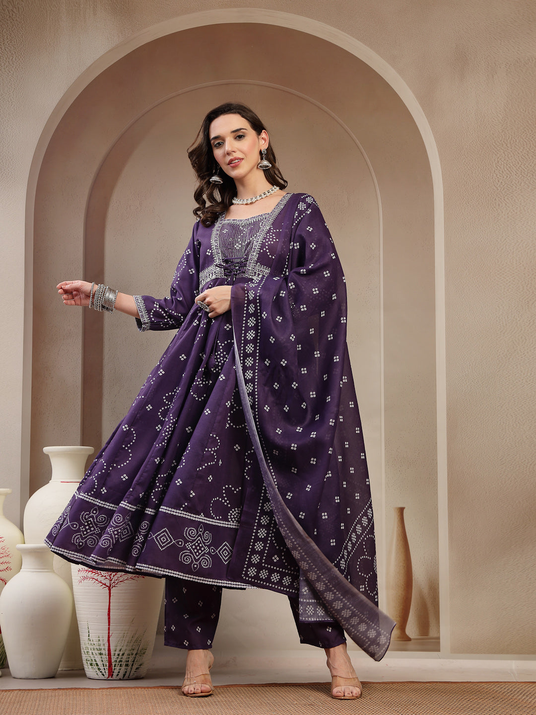 Purple Ethnic Printed Cotton Blend Anarkali Kurta Pant Dupatta Set