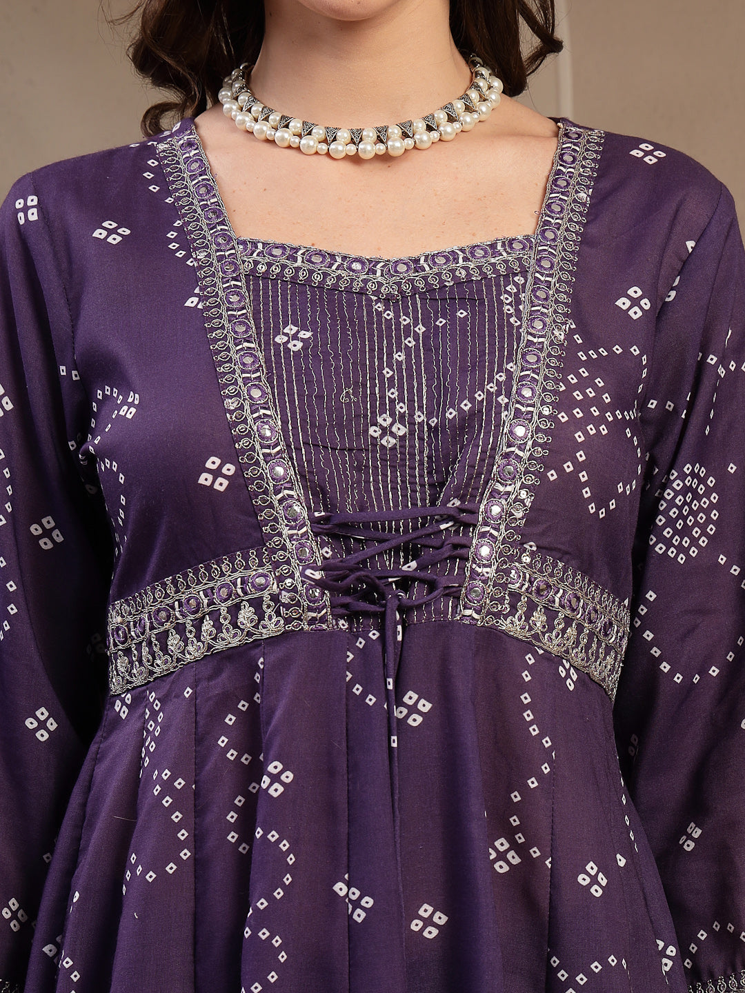 Purple Ethnic Printed Cotton Blend Anarkali Kurta Pant Dupatta Set