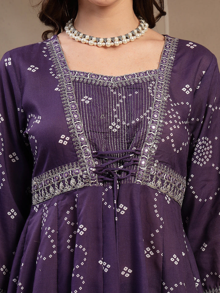Purple Ethnic Printed Cotton Blend Anarkali Kurta Pant Dupatta Set