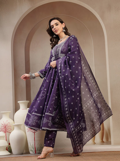Purple Ethnic Printed Cotton Blend Anarkali Kurta Pant Dupatta Set