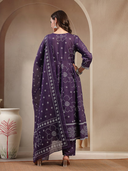 Purple Ethnic Printed Cotton Blend Anarkali Kurta Pant Dupatta Set (Pre-Order)