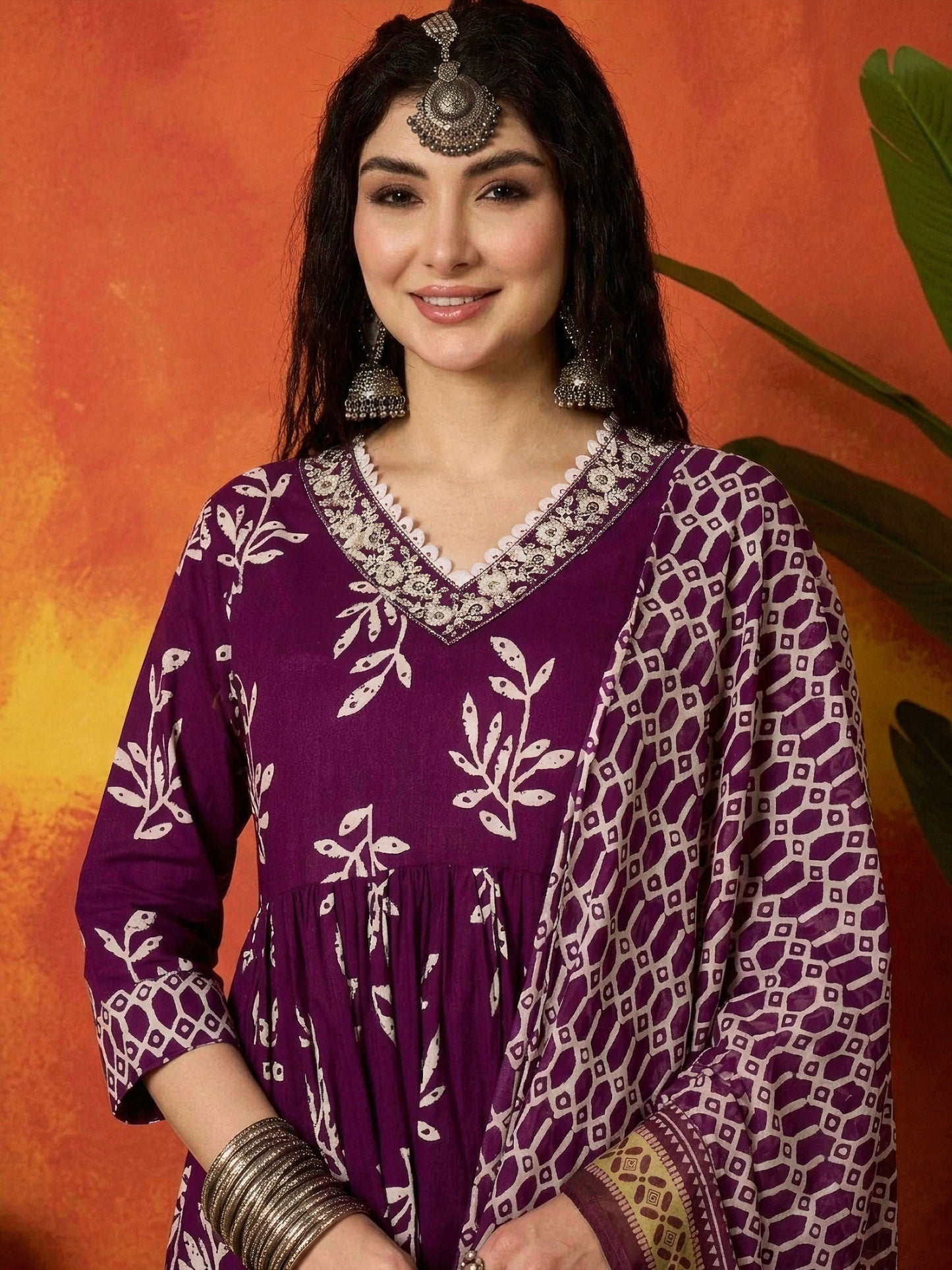 Floral Printed Cotton Anarkali Kurta Pant Dupatta Set