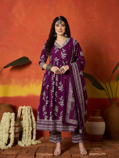 Floral Printed Cotton Anarkali Kurta Pant Dupatta Set