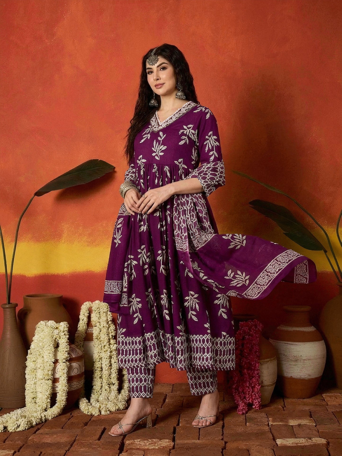 Floral Printed Cotton Anarkali Kurta Pant Dupatta Set