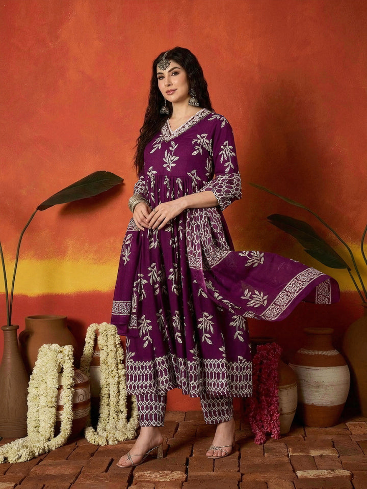 Floral Printed Cotton Anarkali Kurta Pant Dupatta Set