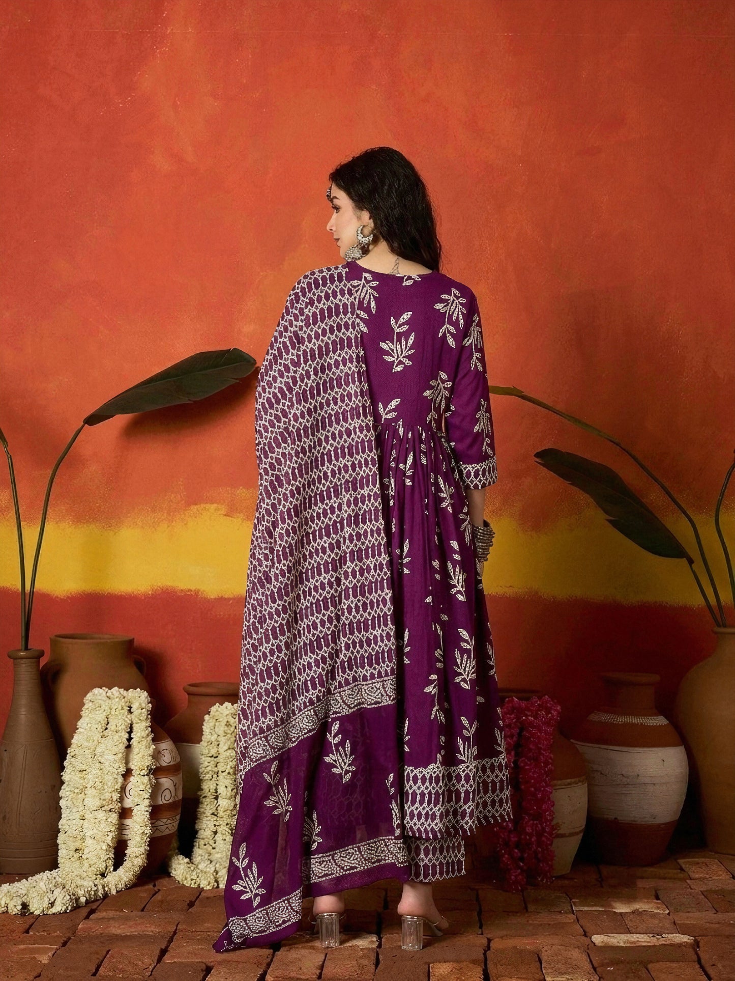 Floral Printed Cotton Anarkali Kurta Pant Dupatta Set
