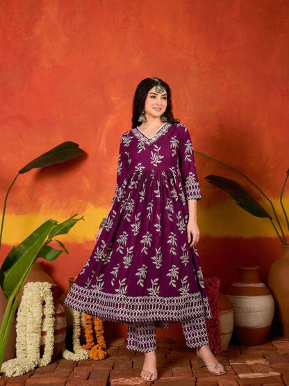 Floral Printed Cotton Anarkali Kurta Pant Dupatta Set
