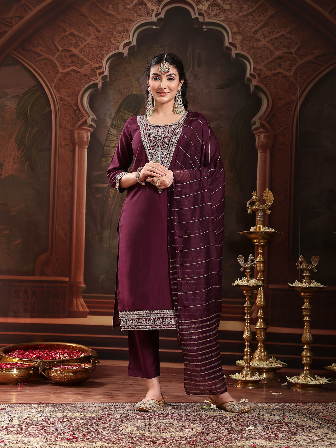 Purple Solid & Embroidered Silk Blend Straight Kurta Pant Dupatta Set