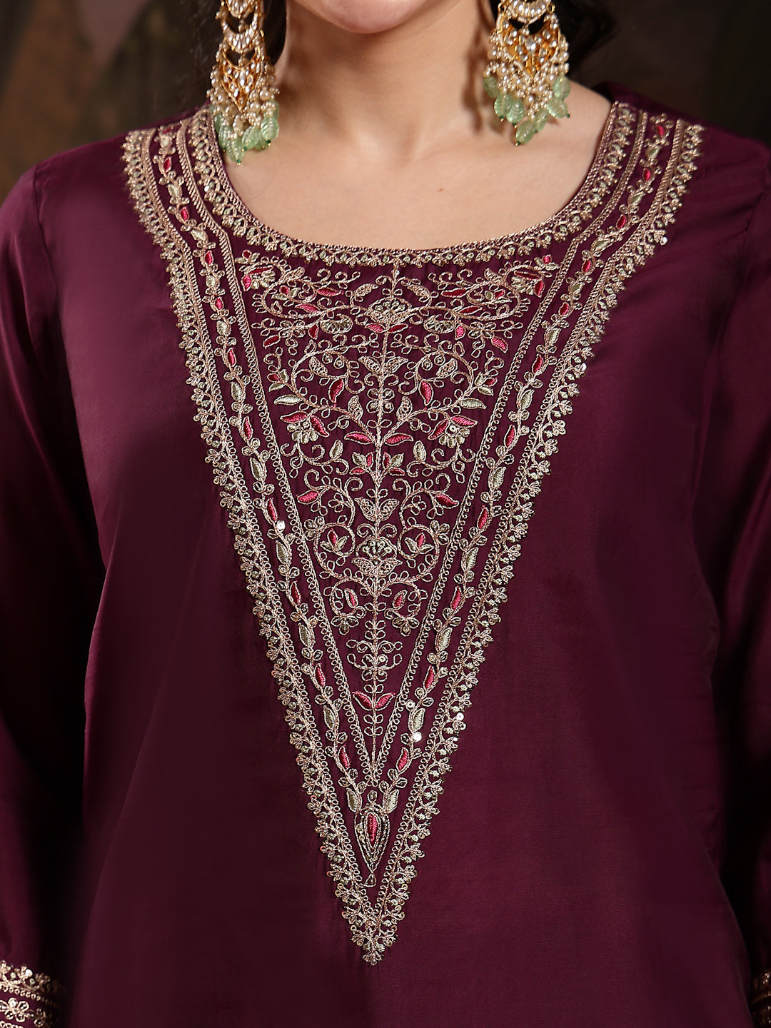 Purple Solid &amp; Embroidered Silk Blend Straight Kurta Pant Dupatta Set