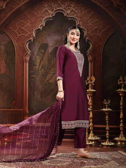 Purple Solid & Embroidered Silk Blend Straight Kurta Pant Dupatta Set