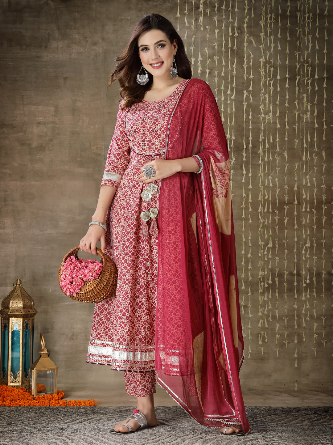 Purple Printed Cotton Anarkali Kurta Pant Dupatta Set (Pre-Order)