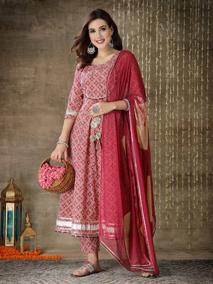 Purple Printed Cotton Anarkali Kurta Pant Dupatta Set (Pre-Order)