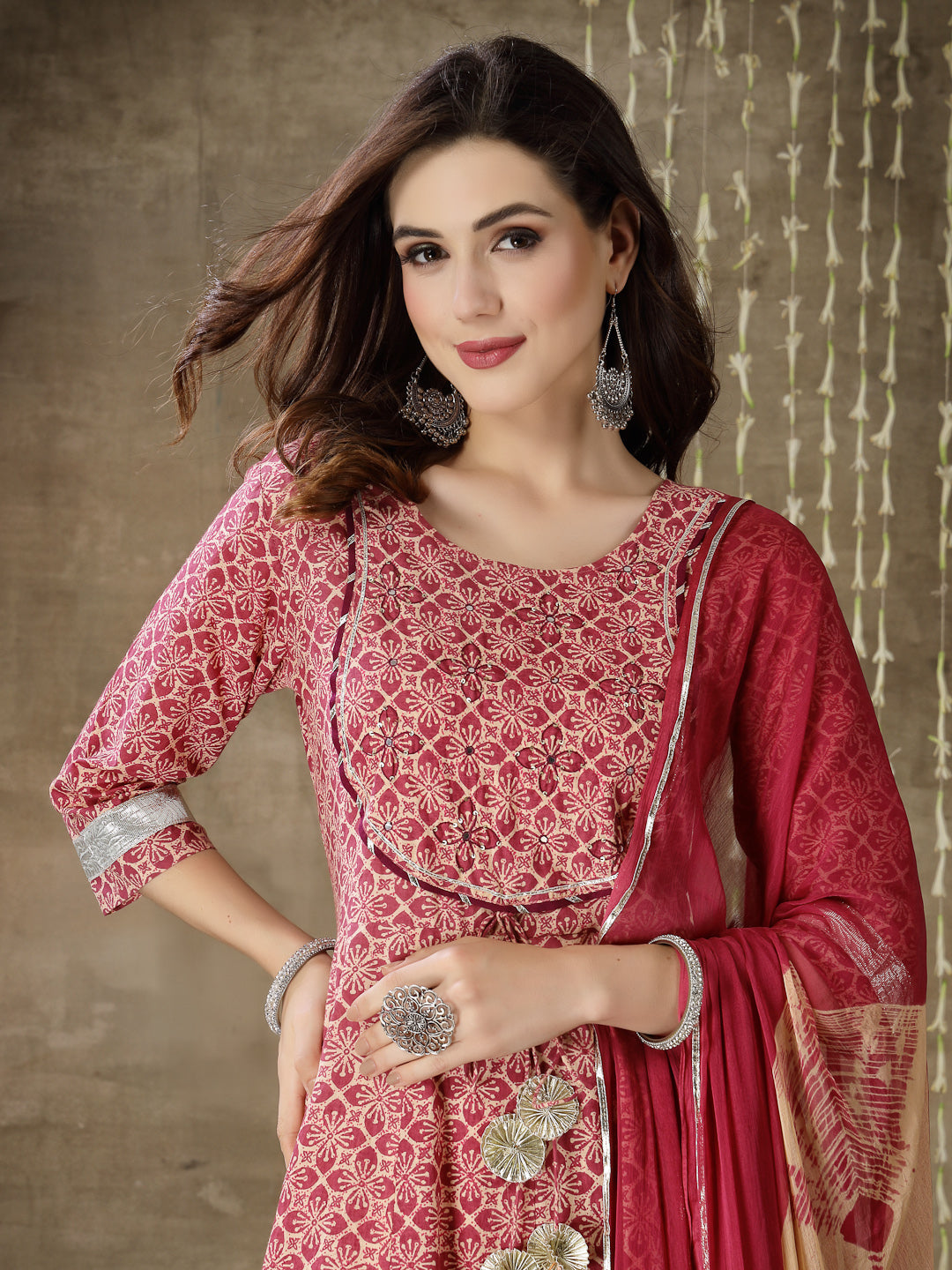 Purple Printed Cotton Anarkali Kurta Pant Dupatta Set (Pre-Order)