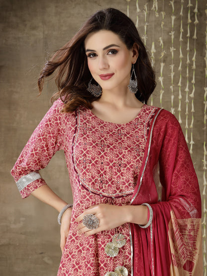 Purple Printed Cotton Anarkali Kurta Pant Dupatta Set (Pre-Order)