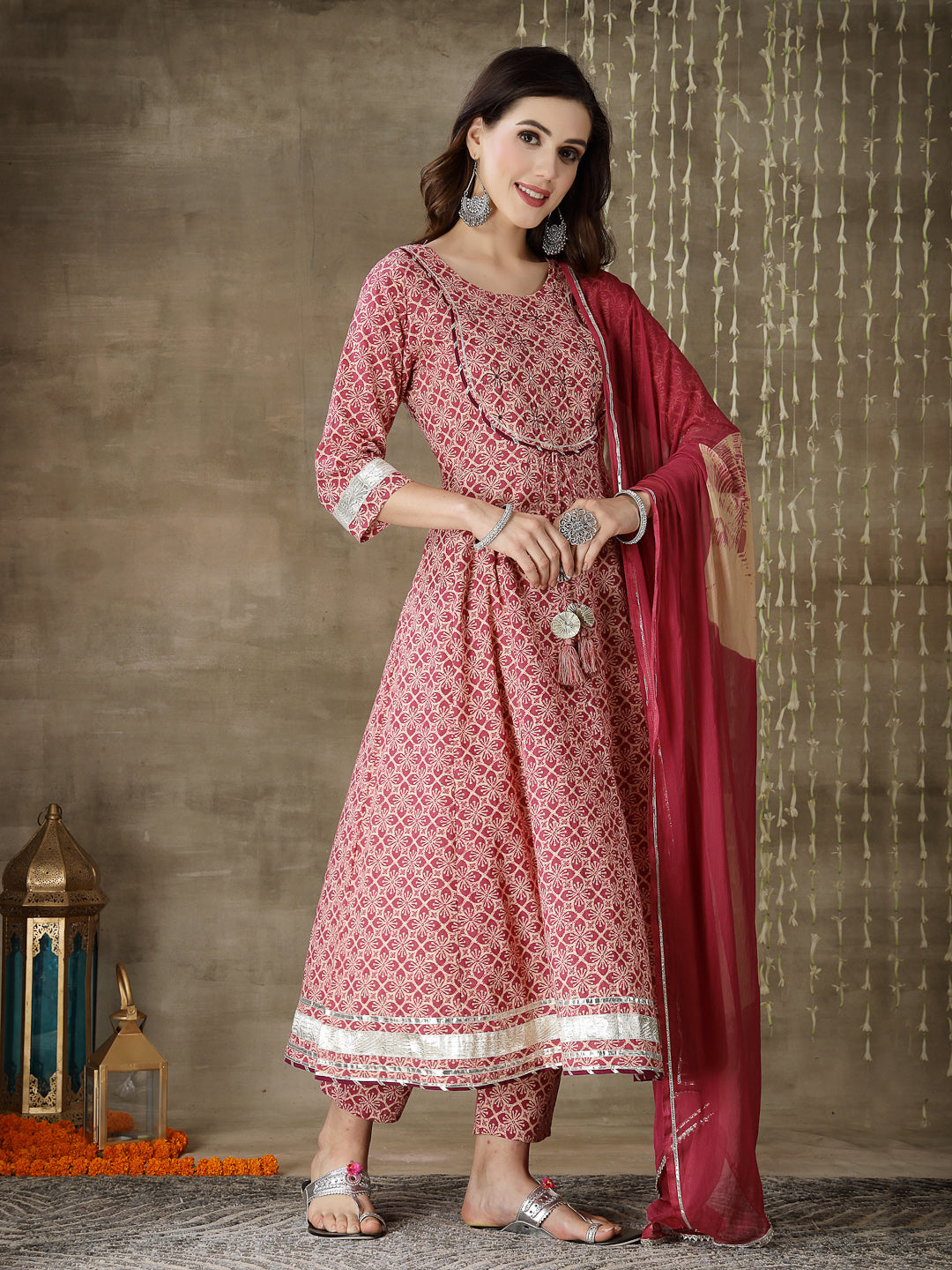 Purple Printed Cotton Anarkali Kurta Pant Dupatta Set (Pre-Order)