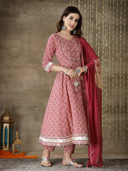 Purple Printed Cotton Anarkali Kurta Pant Dupatta Set (Pre-Order)