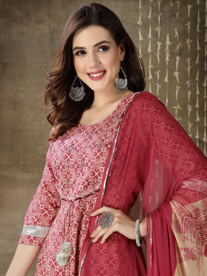 Purple Printed Cotton Anarkali Kurta Pant Dupatta Set (Pre-Order)