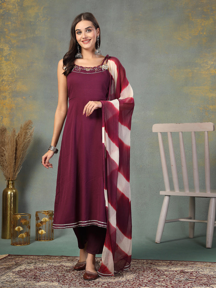 Purple Solid &amp; Embroidered Poly Crepe A-Line Kurta Pant Dupatta Set