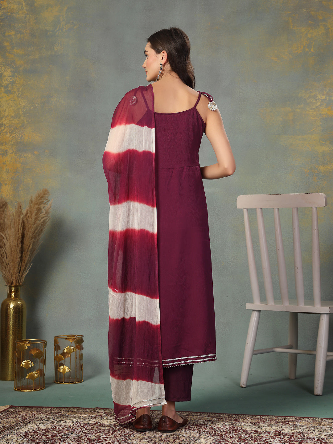 Purple Solid &amp; Embroidered Poly Crepe A-Line Kurta Pant Dupatta Set