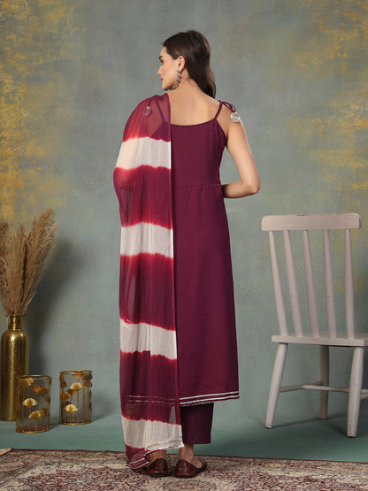 Purple Solid & Embroidered Poly Crepe A-Line Kurta Pant Dupatta Set