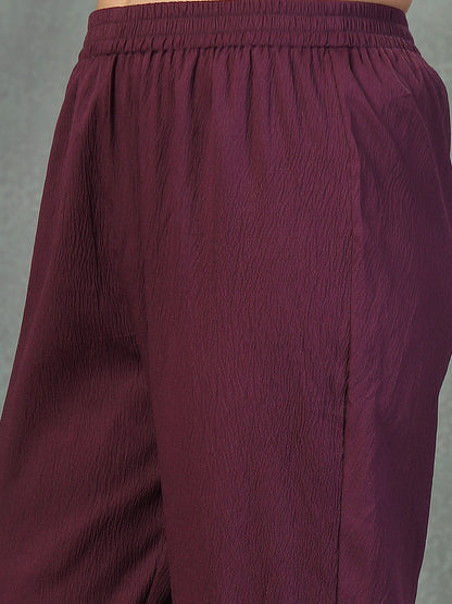 Purple Solid & Embroidered Poly Crepe A-Line Kurta Pant Dupatta Set