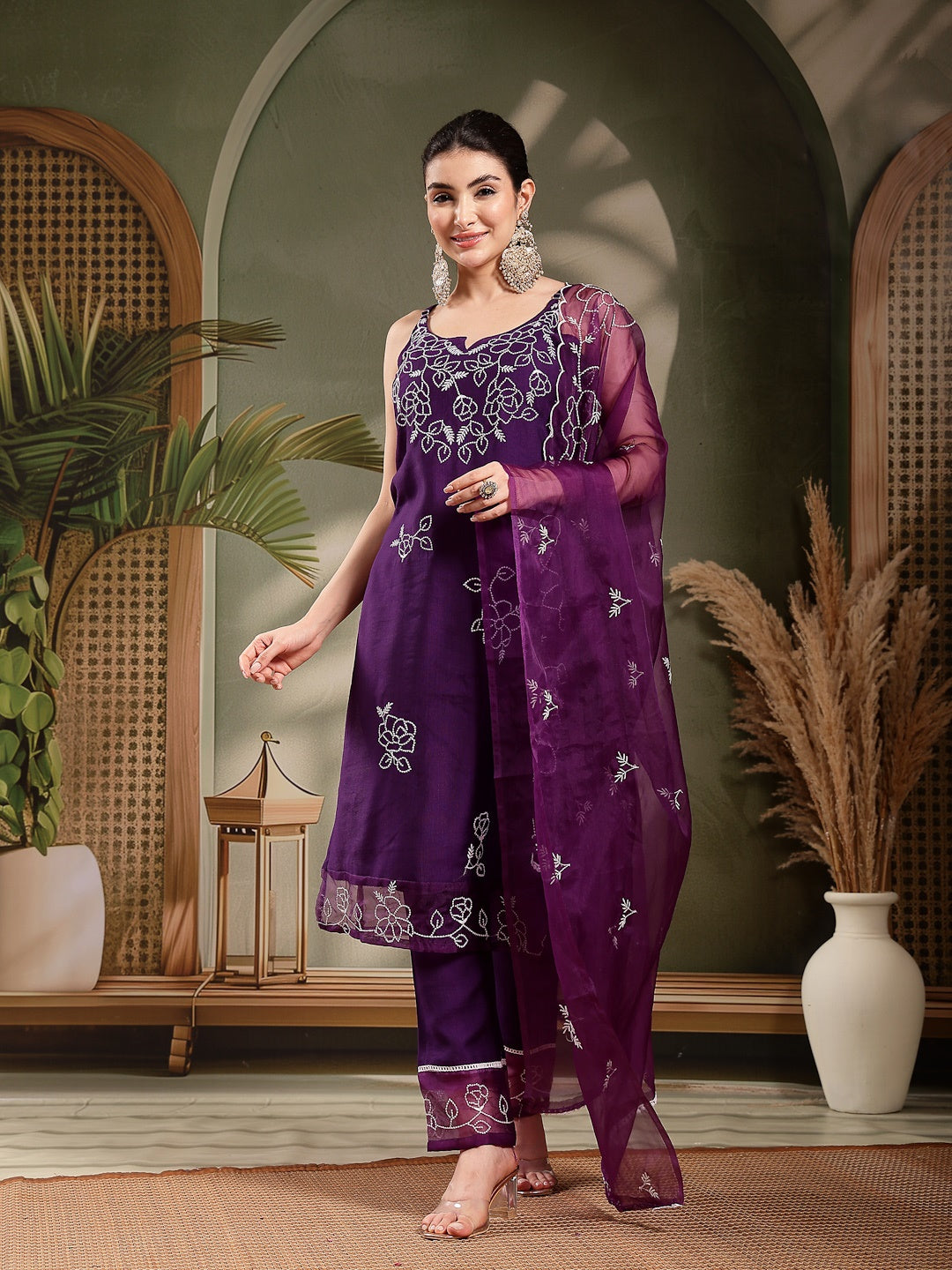 Purple Solid & Embroidered Organza Straight Kurta Pant Dupatta Set (Pre-Order)
