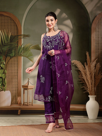Purple Solid & Embroidered Organza Straight Kurta Pant Dupatta Set (Pre-Order)