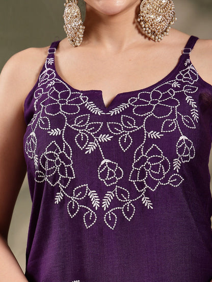 Purple Solid & Embroidered Organza Straight Kurta Pant Dupatta Set