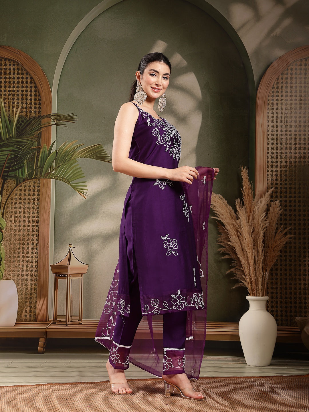 Purple Solid & Embroidered Organza Straight Kurta Pant Dupatta Set (Pre-Order)