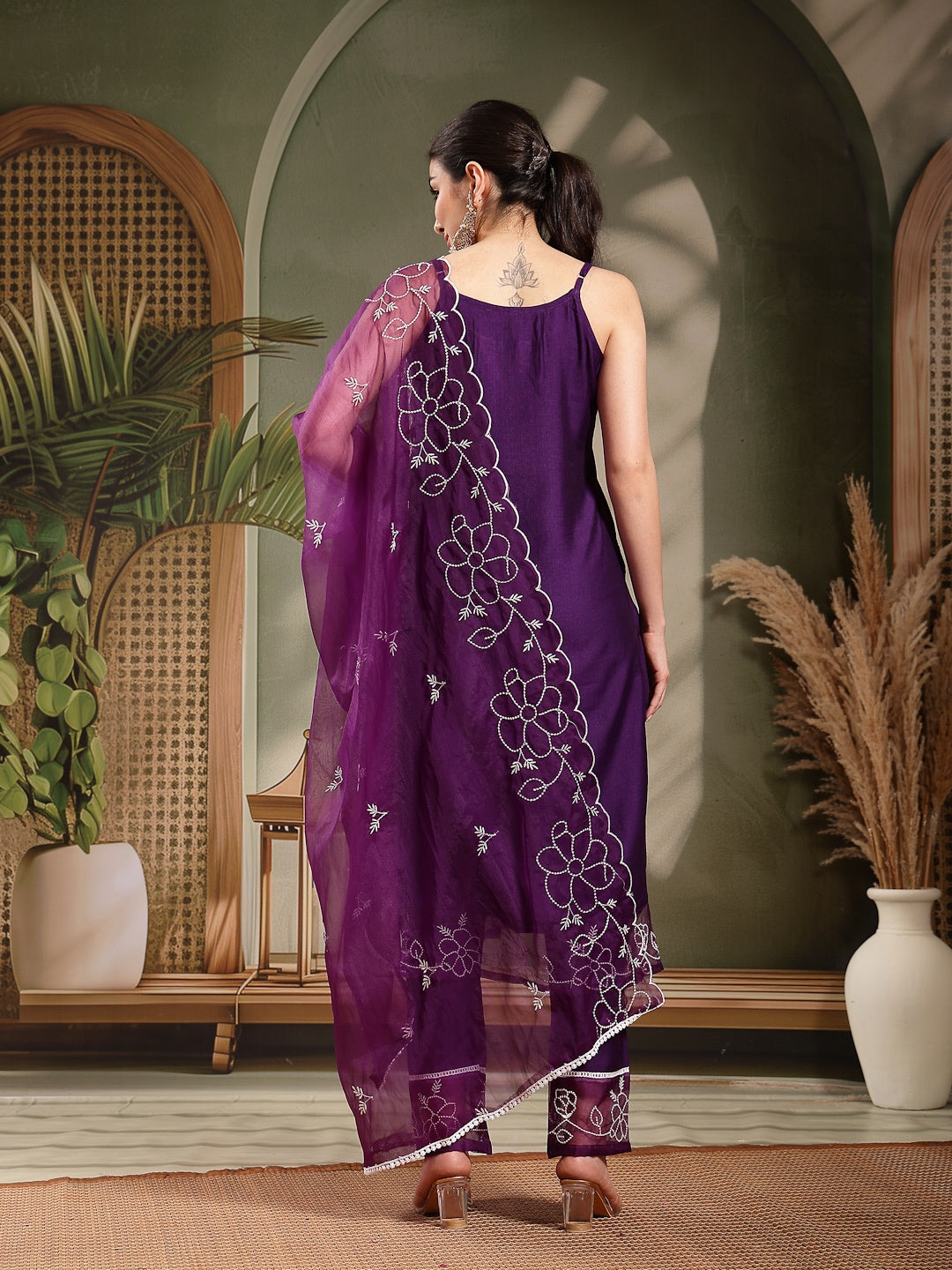 Purple Solid & Embroidered Organza Straight Kurta Pant Dupatta Set