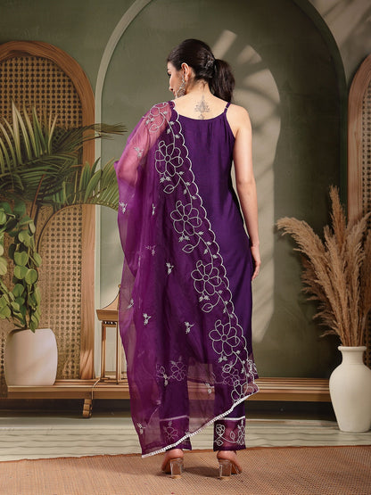 Purple Solid & Embroidered Organza Straight Kurta Pant Dupatta Set