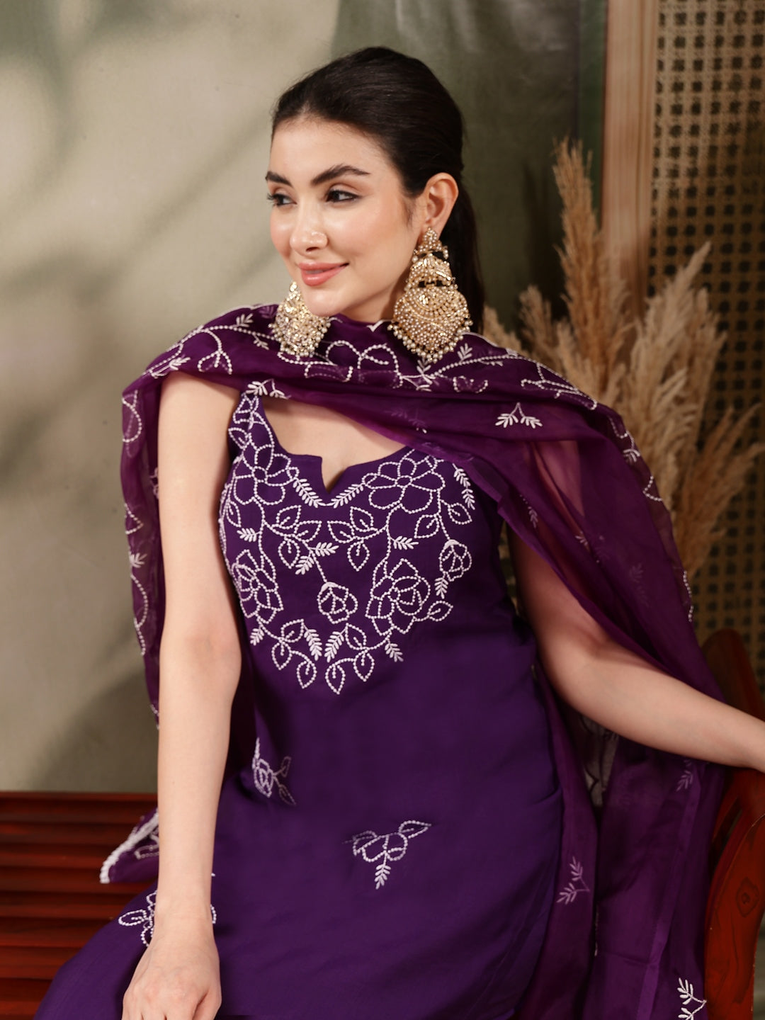 Purple Solid & Embroidered Organza Straight Kurta Pant Dupatta Set