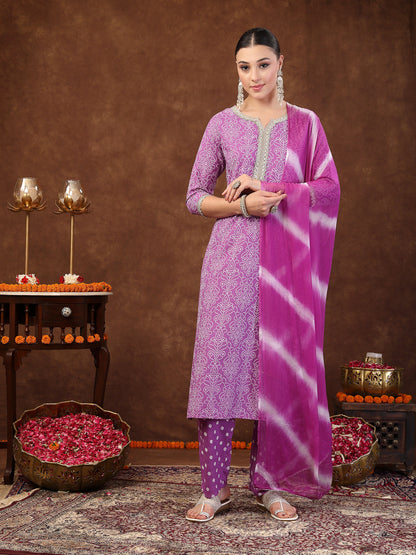 Purple Bandhani Printed Rayon Straight Kurta Pant Dupatta Set (Pre-Order)