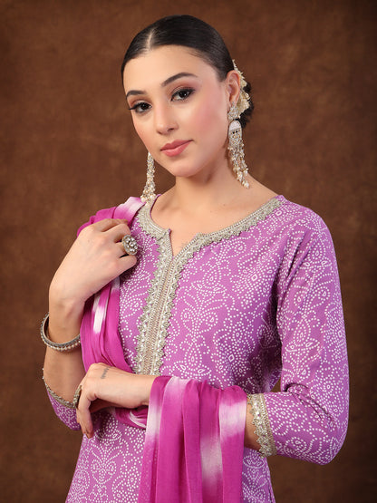 Purple Bandhani Printed Rayon Straight Kurta Pant Dupatta Set (Pre-Order)