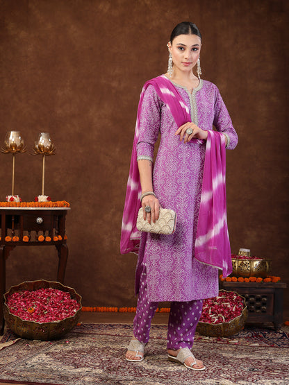 Purple Bandhani Printed Rayon Straight Kurta Pant Dupatta Set (Pre-Order)