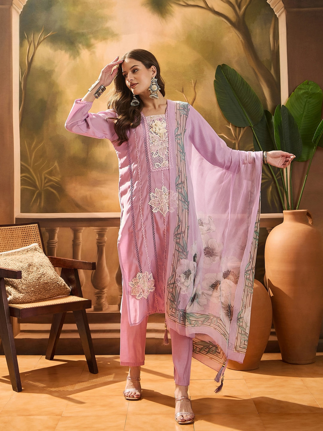 Purple Solid & Embroidered Chinon Silk Straight Kurta Pant Dupatta Set
