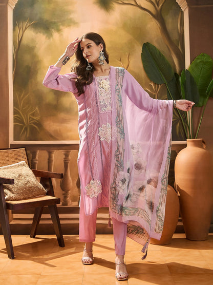 Purple Solid & Embroidered Chinon Silk Straight Kurta Pant Dupatta Set