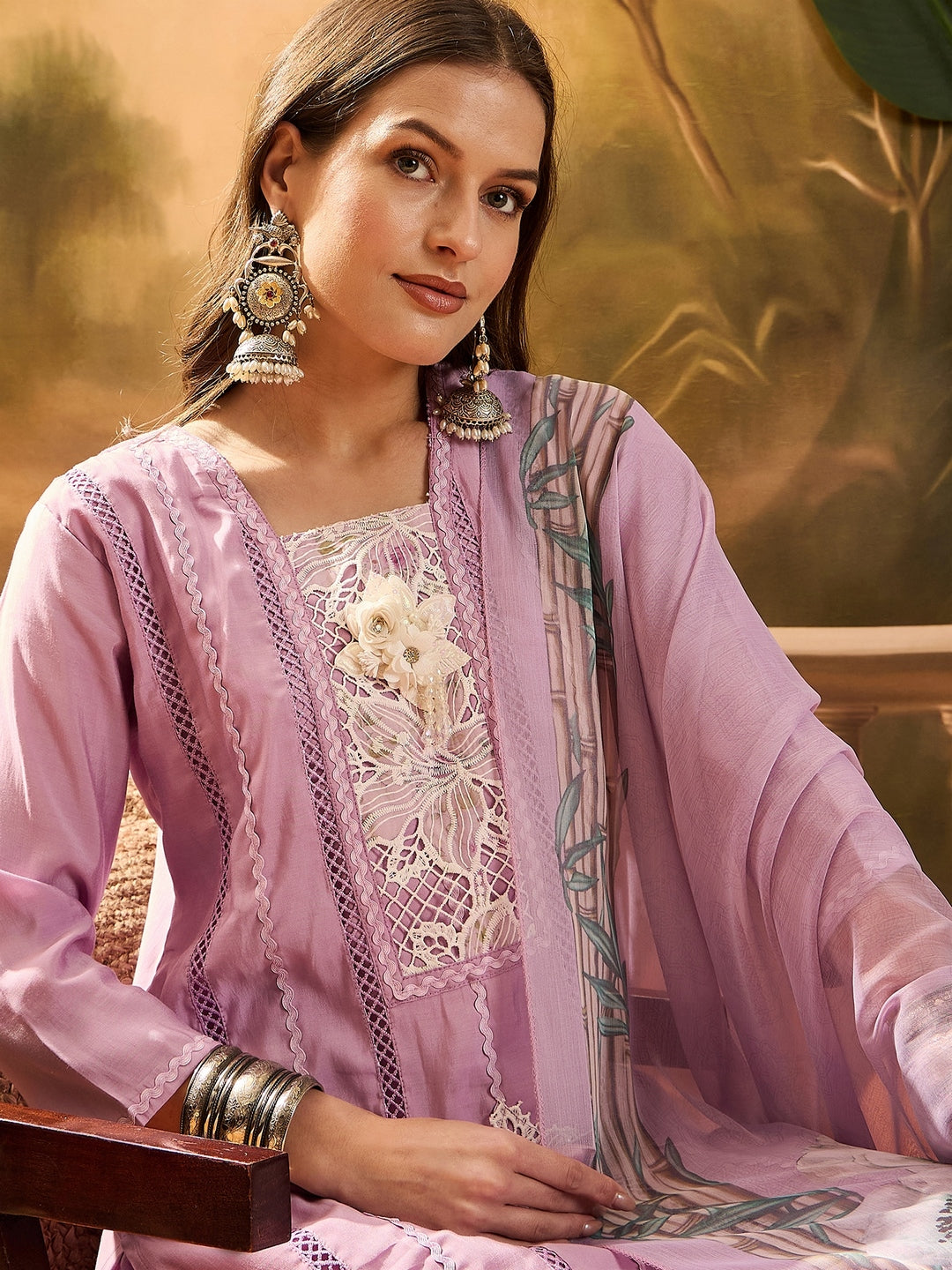 Purple Solid & Embroidered Chinon Silk Straight Kurta Pant Dupatta Set