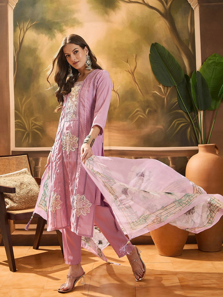 Purple Solid &amp; Embroidered Chinon Silk Straight Kurta Pant Dupatta Set