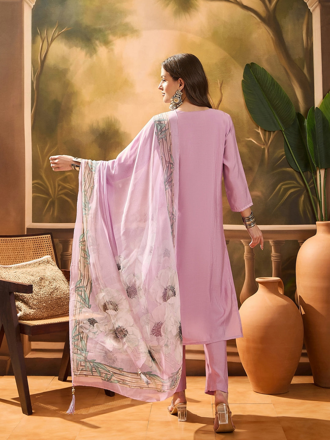 Purple Solid & Embroidered Chinon Silk Straight Kurta Pant Dupatta Set
