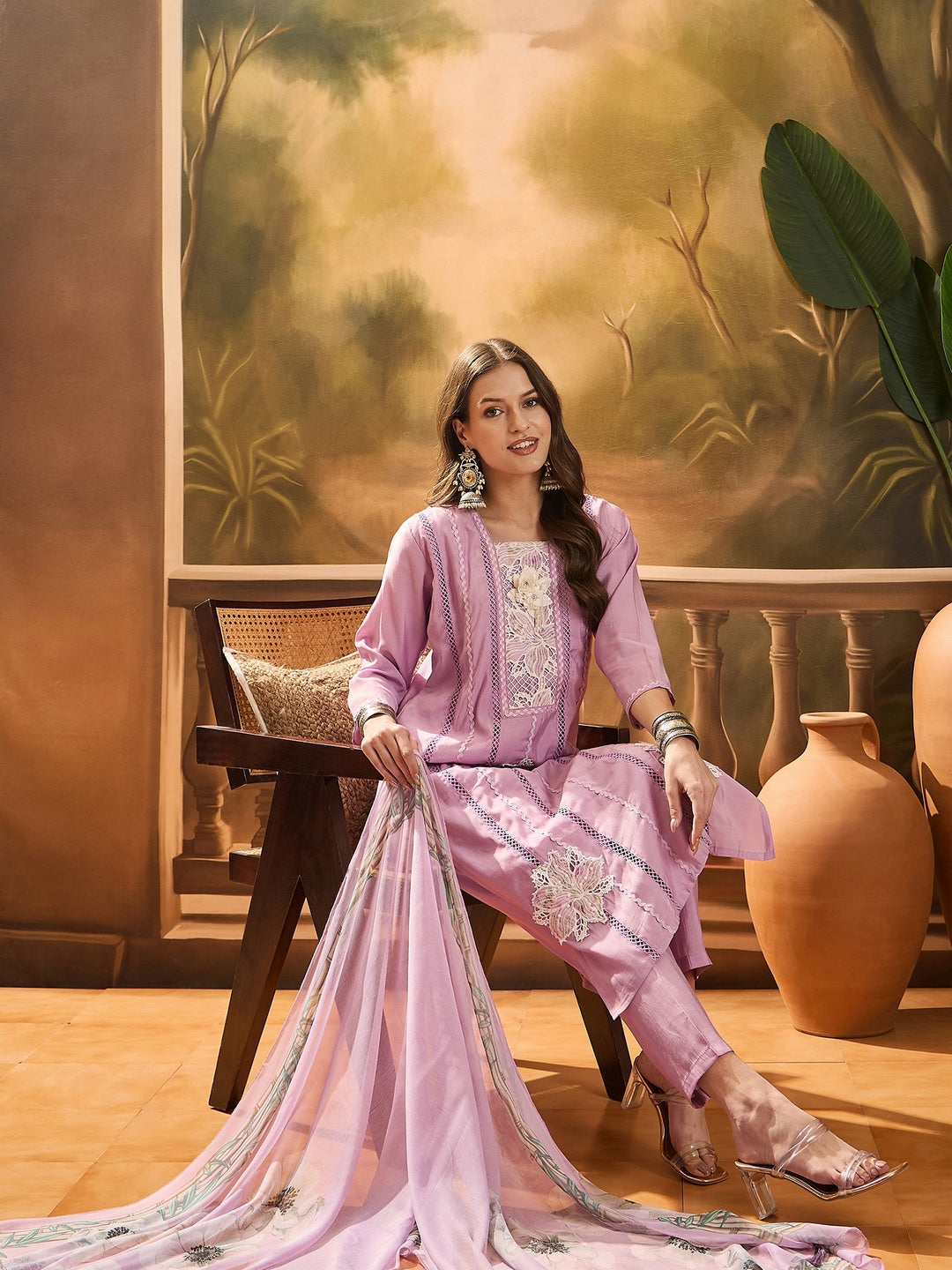 Purple Solid & Embroidered Chinon Silk Straight Kurta Pant Dupatta Set