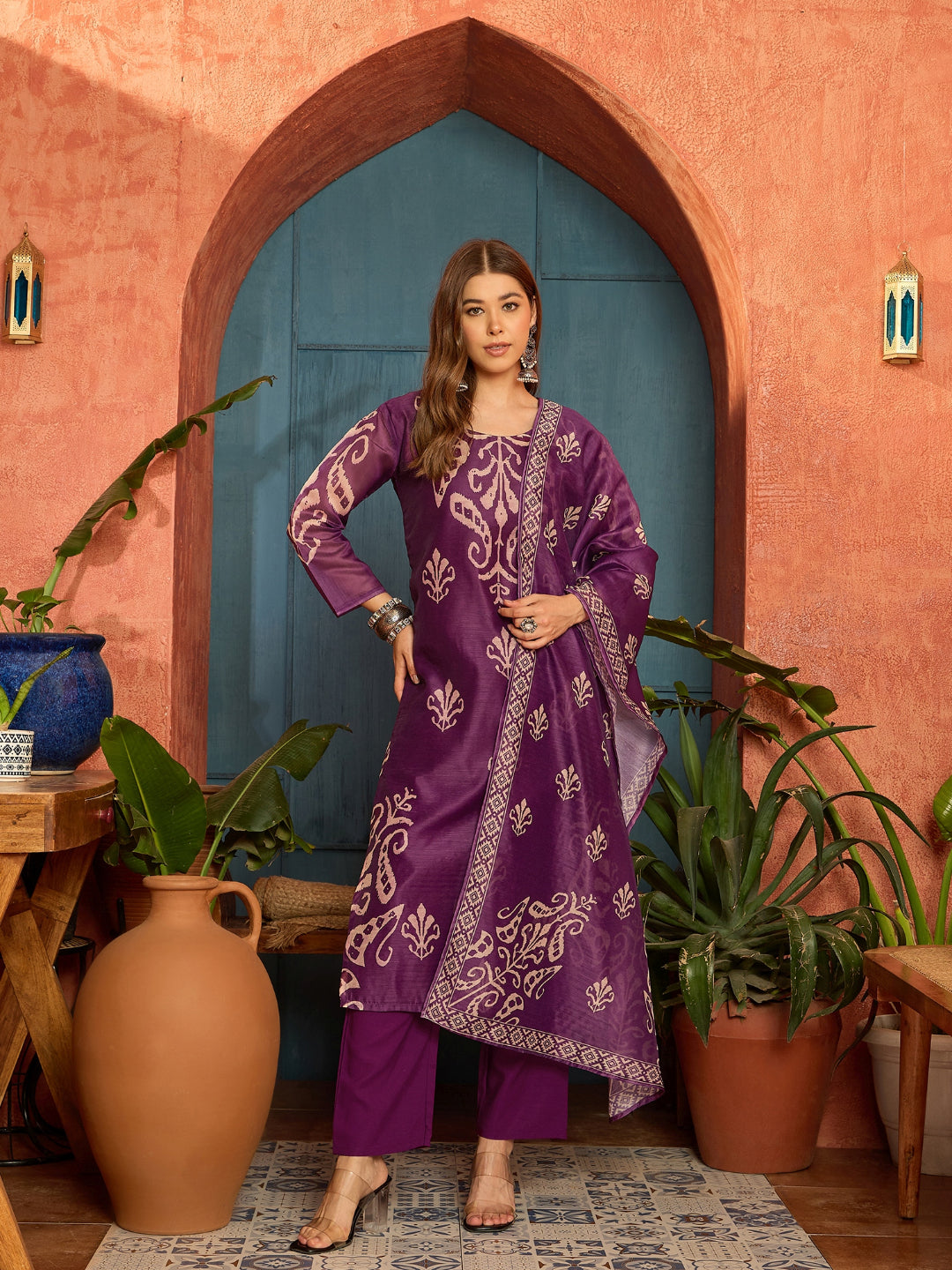 Ikkat Printed Chanderi Straight Kurta Pant Dupatta Set